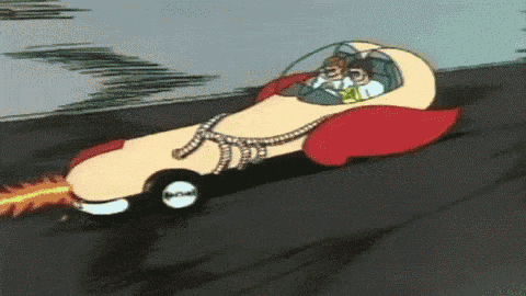 a cartoon character is driving a car with a flame coming out of the engine
