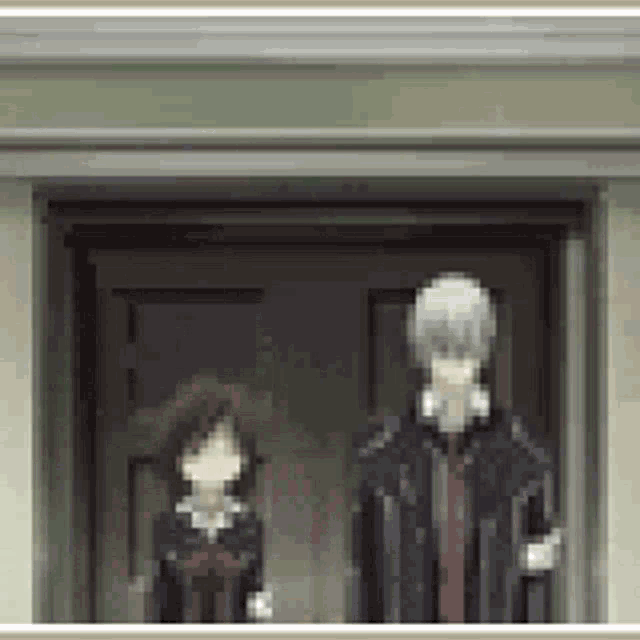 a man and a woman are standing in front of a door in a pixel art .