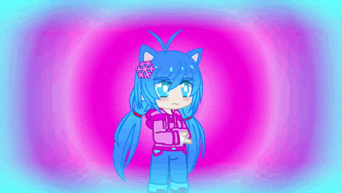 a girl with blue hair and a flower in her hair is wearing a pink hoodie .