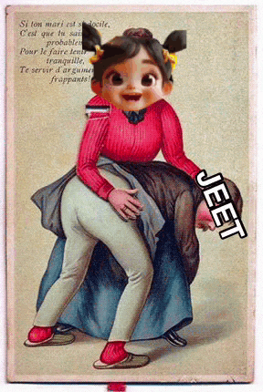 a cartoon drawing of a girl spanking a man with the word jeet on the bottom right