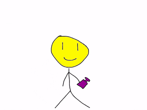 a stick figure with a yellow face and brown hair is holding a purple bottle