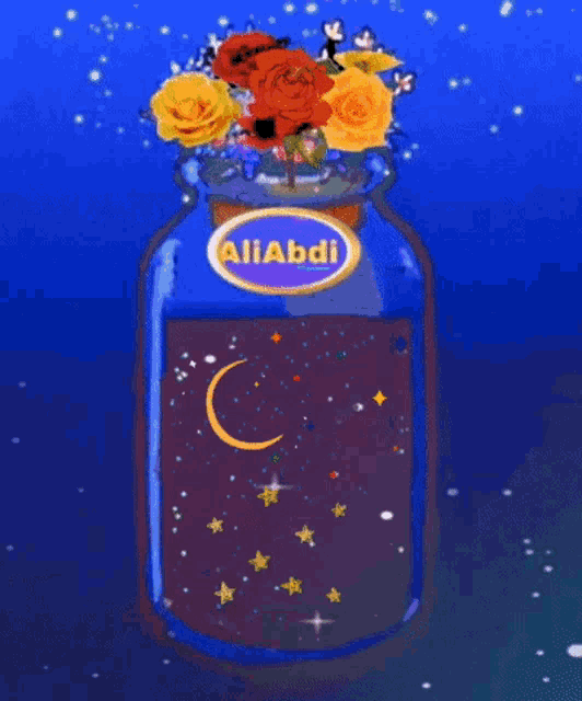 a drawing of a jar with flowers and the name aliabdi