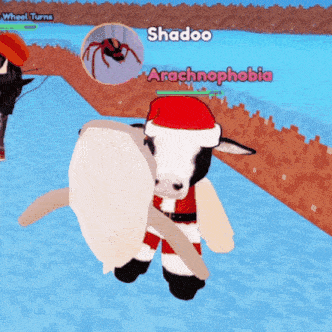 a cow wearing a santa hat is holding a shield in a video game called arachnophobia