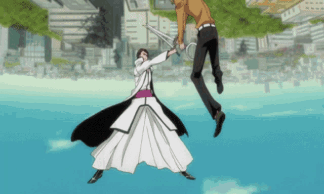 a man and a woman are fighting with swords in a cartoon