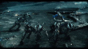 a group of robots are fighting each other in a video game scene