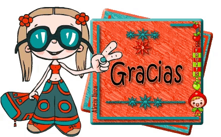 a cartoon girl giving a peace sign next to a sign that says " gracias "