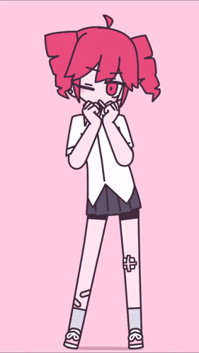 a drawing of a girl with pink hair and a white shirt