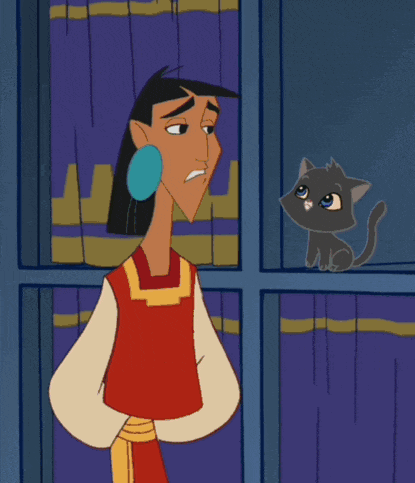 a cartoon character stands next to a black cat