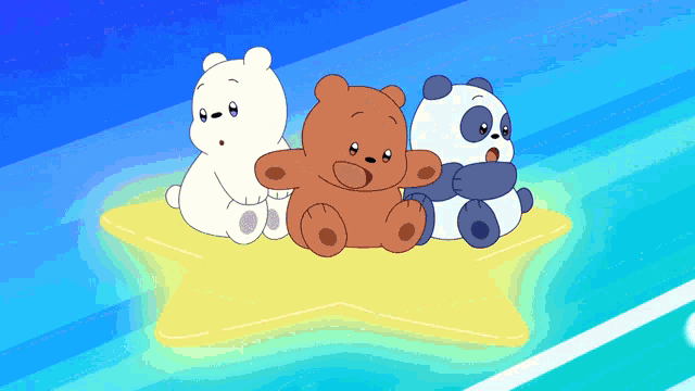 three cartoon bears are sitting on a star shaped object