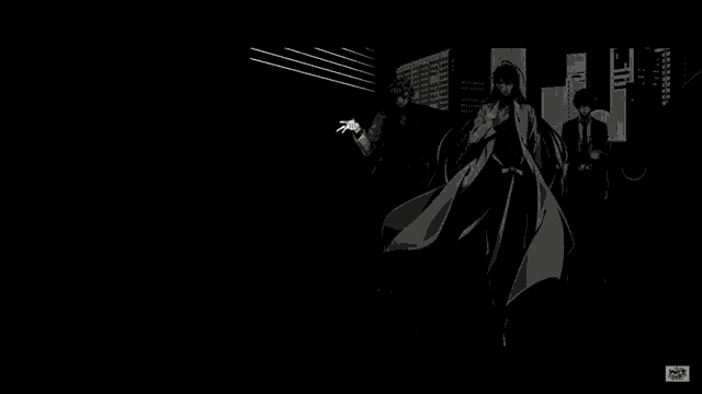 a black and white drawing of three men in suits walking down a hallway