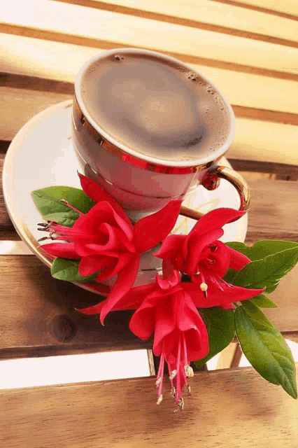 a cup of coffee on a saucer with red flowers and green leaves
