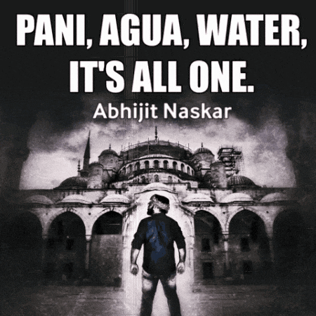 a poster with a man standing in front of a building with the words pani agua water it 's all one