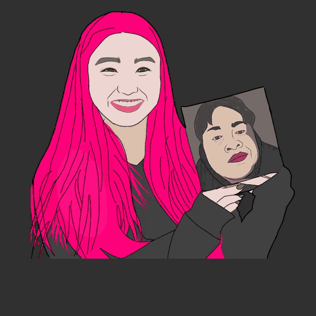 a woman with pink hair is holding a picture of herself and the words bbrrraaahh