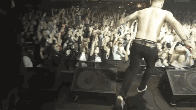 a shirtless man in calvin klein underwear stands in front of a crowd at a concert