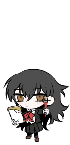 a girl in a school uniform is holding a notebook and a brush