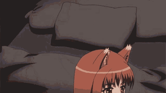 a fox girl is laying on a bed with a pillow .