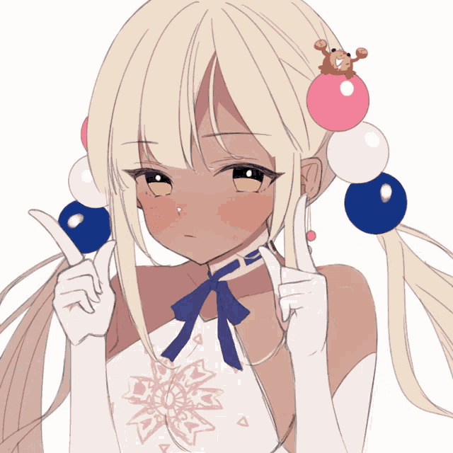 a drawing of a girl with white hair and a crab on her head