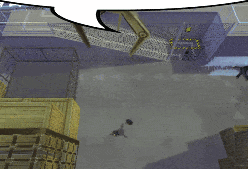 an aerial view of a warehouse with a man laying on the floor