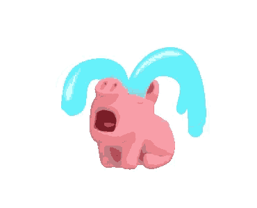 a pink piggy bank is crying with water coming out of it 's nose .