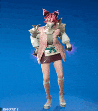 a girl with pink hair and a mask is standing in front of a blue background that says emote 1 on it