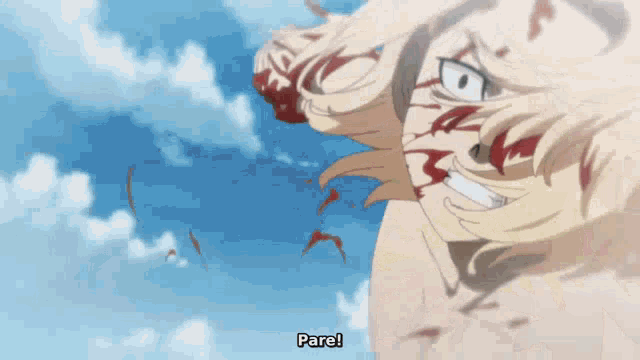 a close up of a person 's face with blood on it and the words pare !