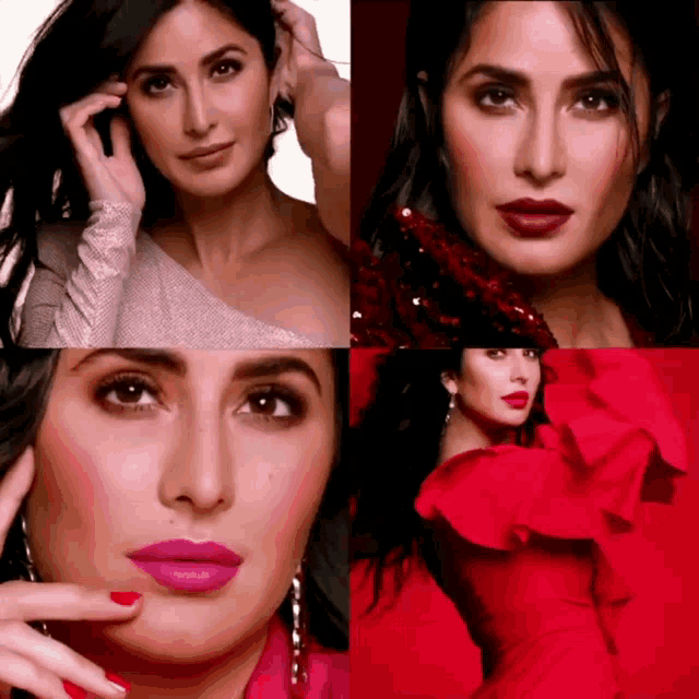 a collage of photos of a woman with red lips