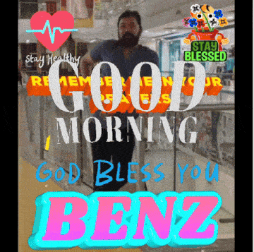 a man with a beard is standing in front of a sign that says good morning benz