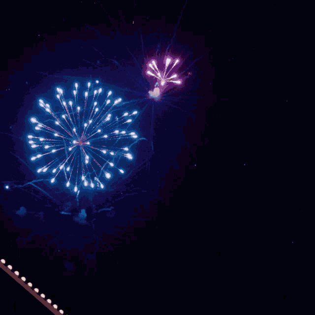 a fireworks display with purple and white fireworks going off
