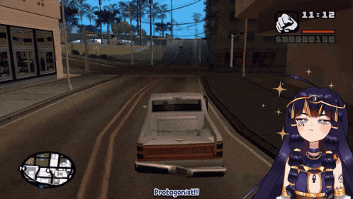 a video game screen shows a girl in front of an american flag that says protagonist