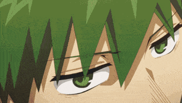 a close up of a person 's face with green hair and white eyes