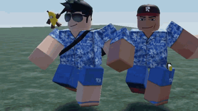 two roblox characters are standing next to each other and one has a r on his hat