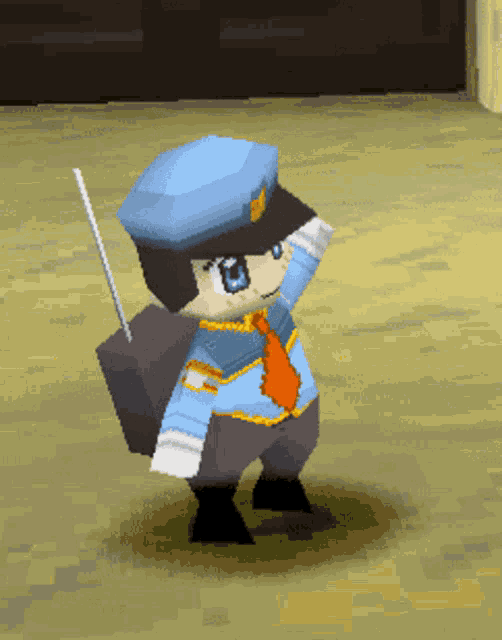 a cartoon character wearing a blue hat and tie holds a remote control
