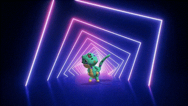 a stuffed dinosaur is walking through a neon tunnel .