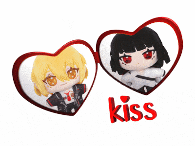 a couple of stuffed animals in heart shaped frames with the word kiss below them