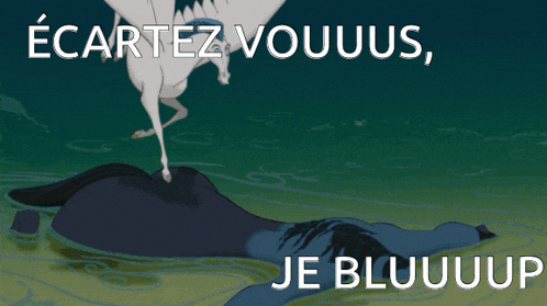 a cartoon of a horse with the words ecartez vouuus je bluuuup on the bottom