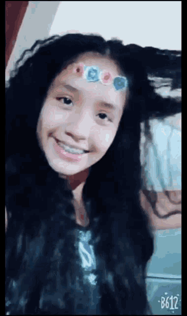 a girl with a flower crown on her head has the number b612 on the bottom right