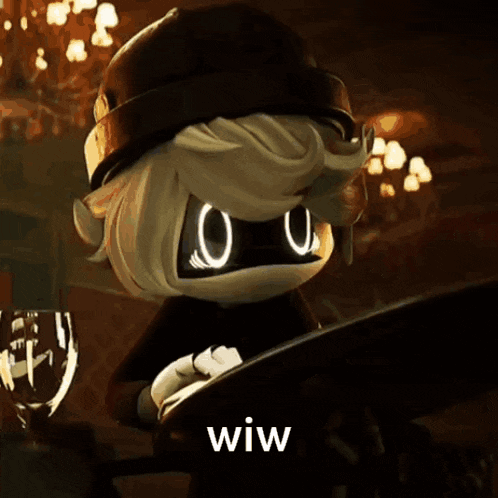 a cartoon character with glowing eyes is holding a piece of paper with the word wiw on it