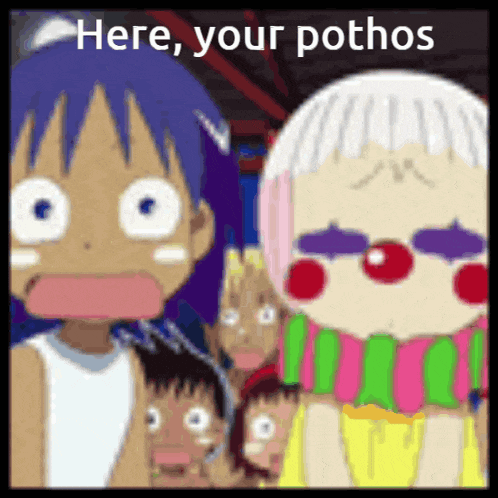 a group of cartoon characters standing next to each other with the words here your pothos written on the bottom