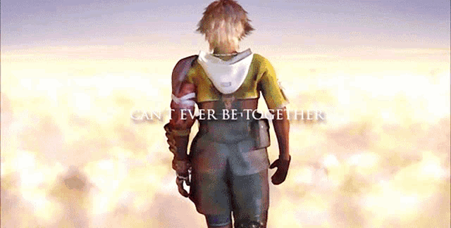 a video game character is walking through the clouds with the words " can t ever be together " written on the bottom