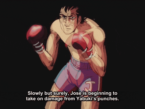 jose is beginning to take on damage from yabuki 's punches in a boxing match