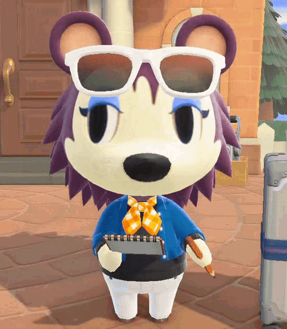 a cartoon bear wearing sunglasses and a notebook