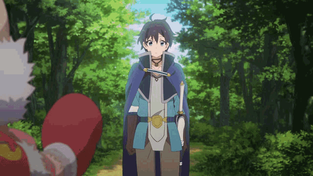 a man in a blue cape is standing in the woods