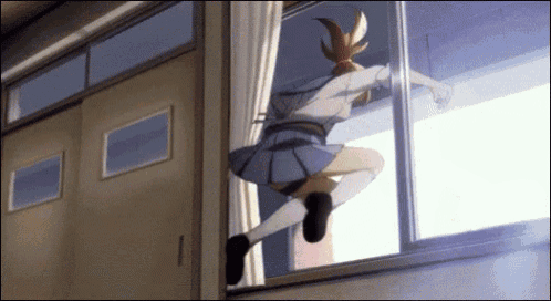 a girl is jumping out of a window in a school