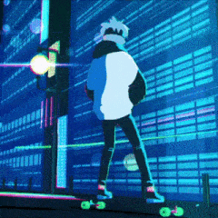 a cartoon character is standing on a skateboard in front of a building at night
