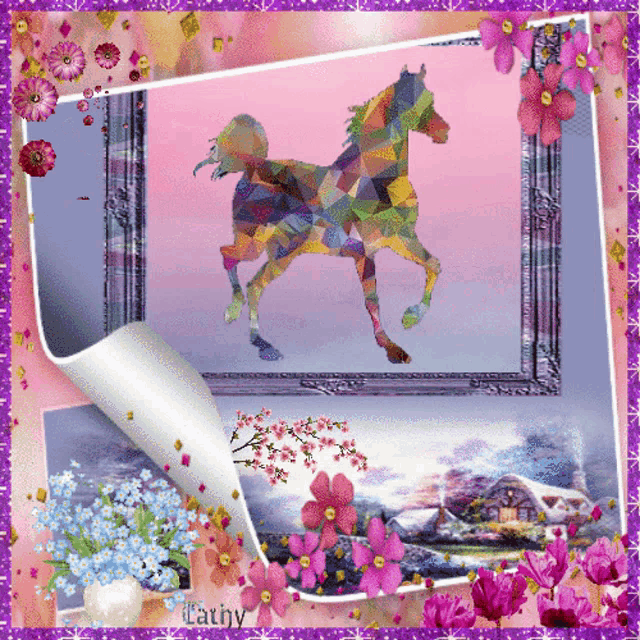 a picture of a horse is surrounded by flowers and a purple frame