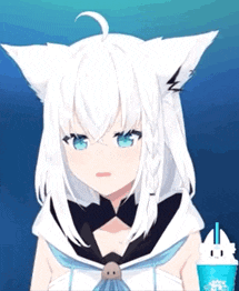 a girl with white hair and blue eyes holding a cup