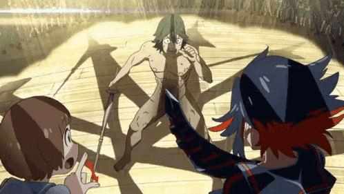 a group of anime characters standing around a naked man