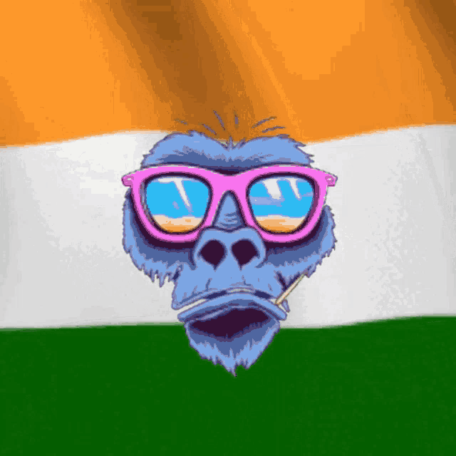 a blue gorilla wearing pink sunglasses and smoking a cigarette in front of an indian flag