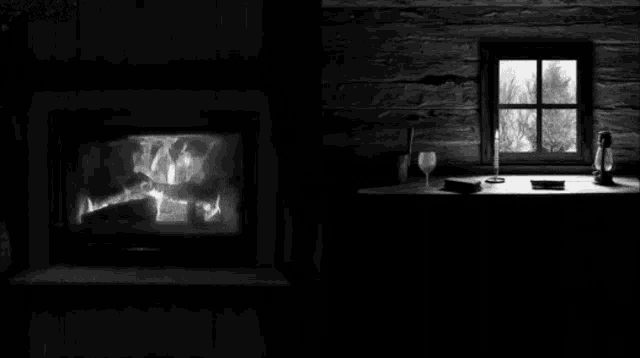 a black and white photo of a fireplace and a window in a cabin .