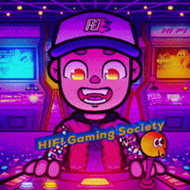 a boy in a purple hat is playing a video game with the words hifi gaming society on the bottom
